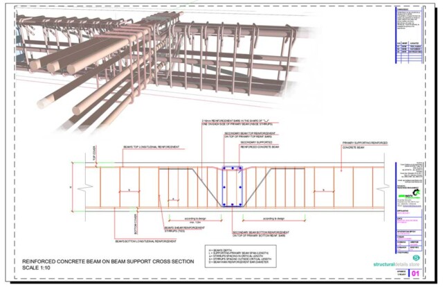 Secondary Concrete Beam Supported on Primary Beam Cross Section Detail