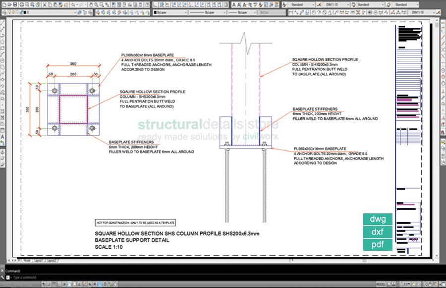 Square Hollow Section SHS Column Baseplate Detail Drawing