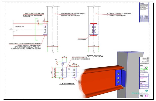 Double Angle Web Cleats Simple Beam to SHS Column Connection Detail